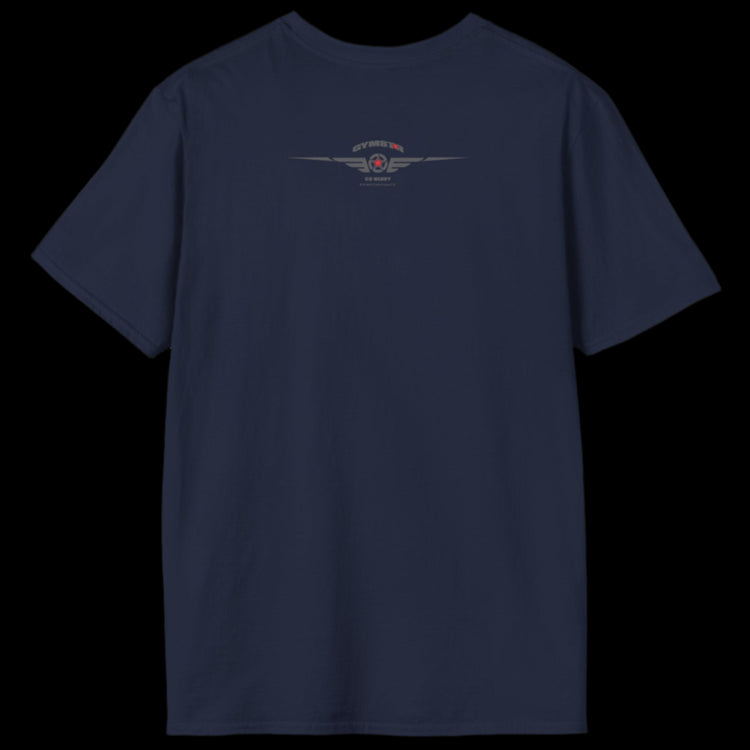 A navy blue Gymstar T-shirt, branded with the company logo and a motivational print, Get More Power back view.