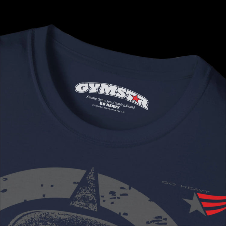 A navy blue Gymstar T-shirt, branded with the company logo and a motivational print, Get More Power.
