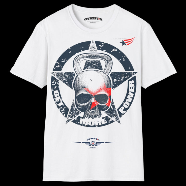a white Gymstar T-shirt, branded with the company logo and a motivational print, Get More Power.