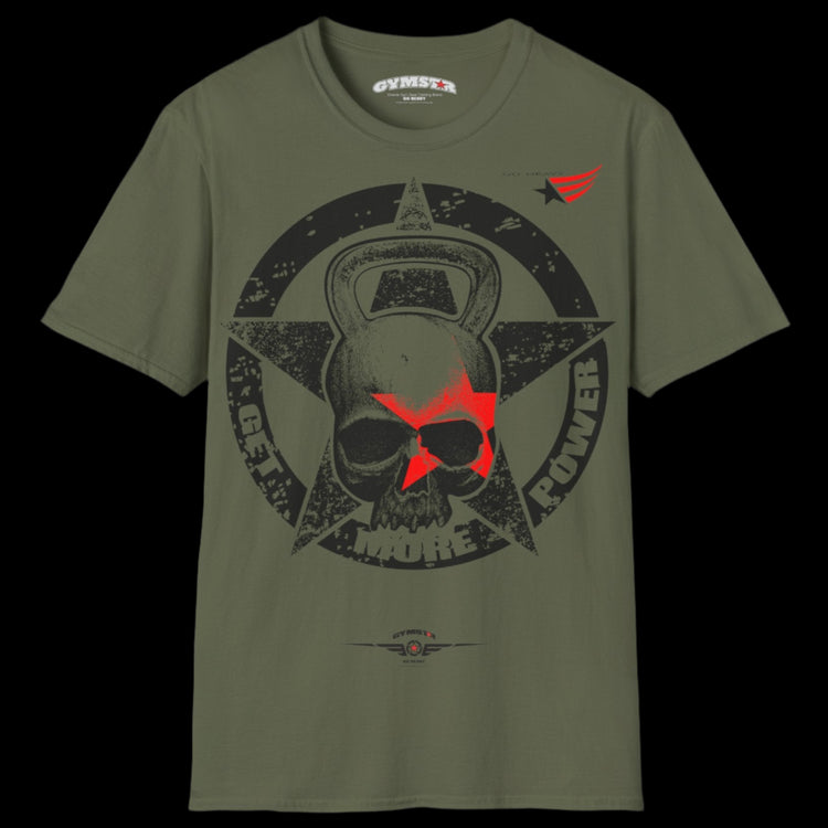 a military green Gymstar T-shirt, branded with the company logo and a motivational print, Get More Power
