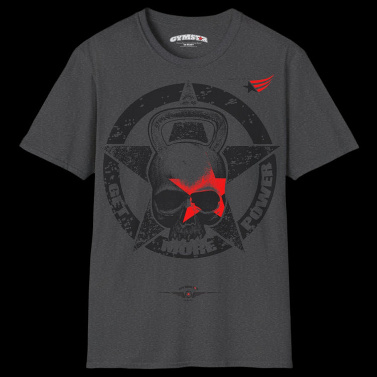 a charcoal grey Gymstar T-shirt, branded with the company logo and a motivational print, Get More Power