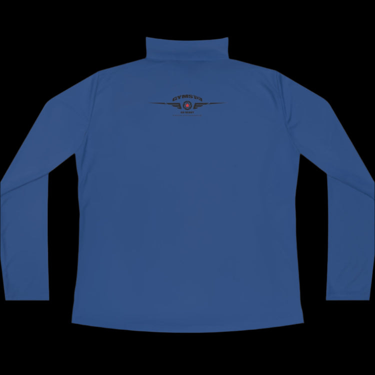 A blue half-zip sweatshirt with logo printed on the back.