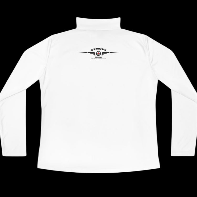 A white half-zip sweatshirt with logo printed on the back.