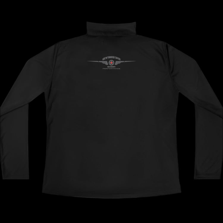 A black half-zip sweatshirt with logo printed on the back.