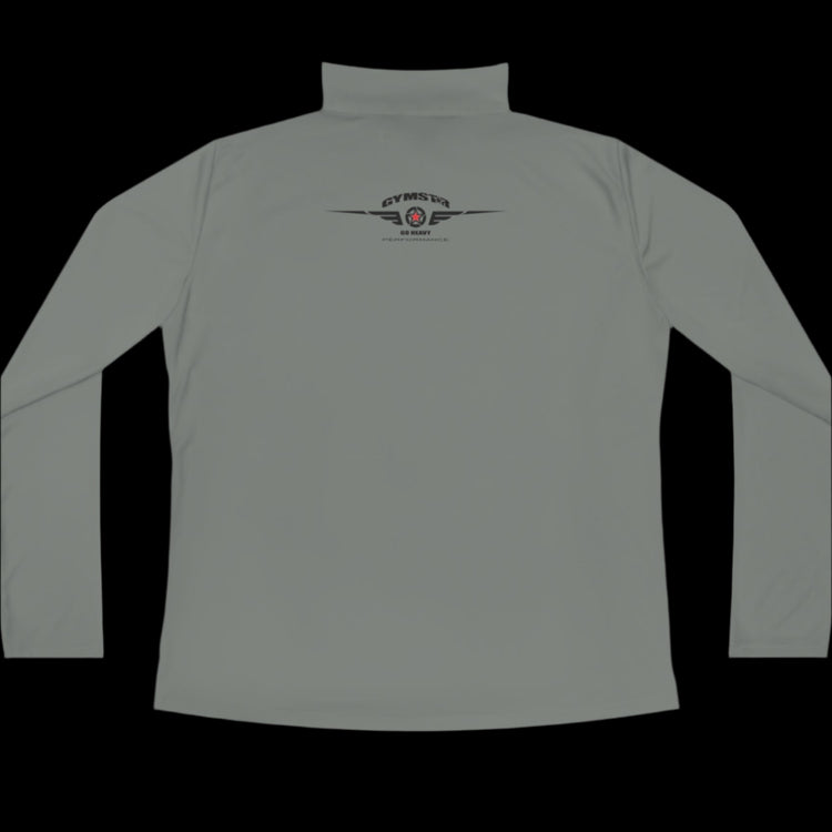 A silver grey half-zip sweatshirt with logo printed on the back.