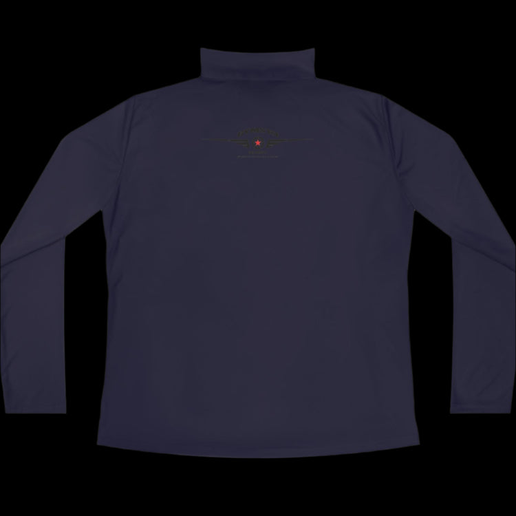 A deep navy blue half-zip sweatshirt with logo printed on the back.