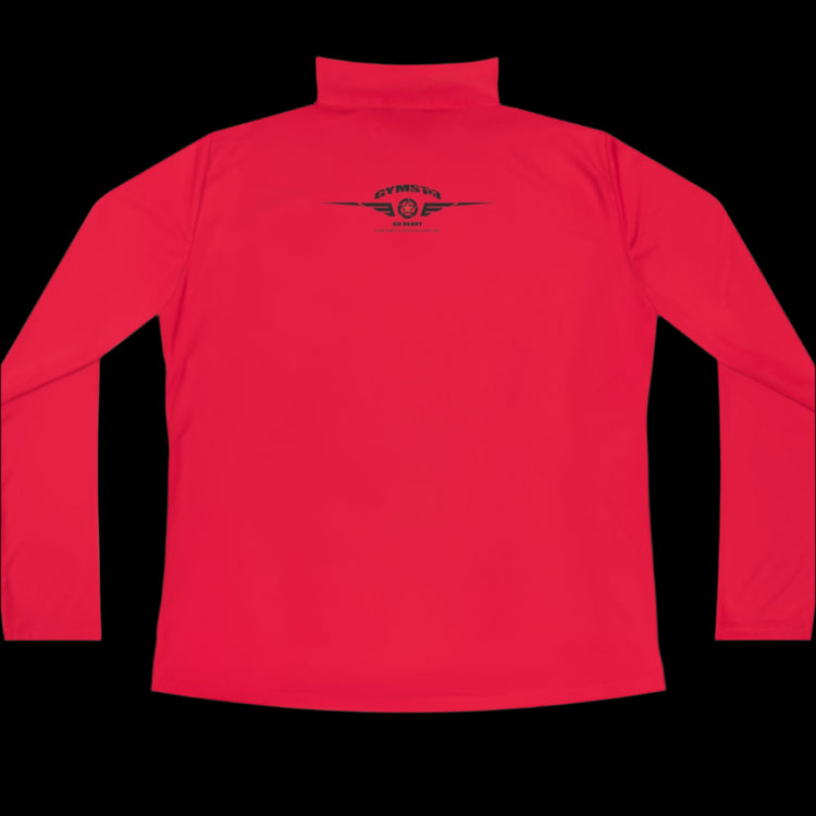 A orange half-zip sweatshirt with logo printed on the back.