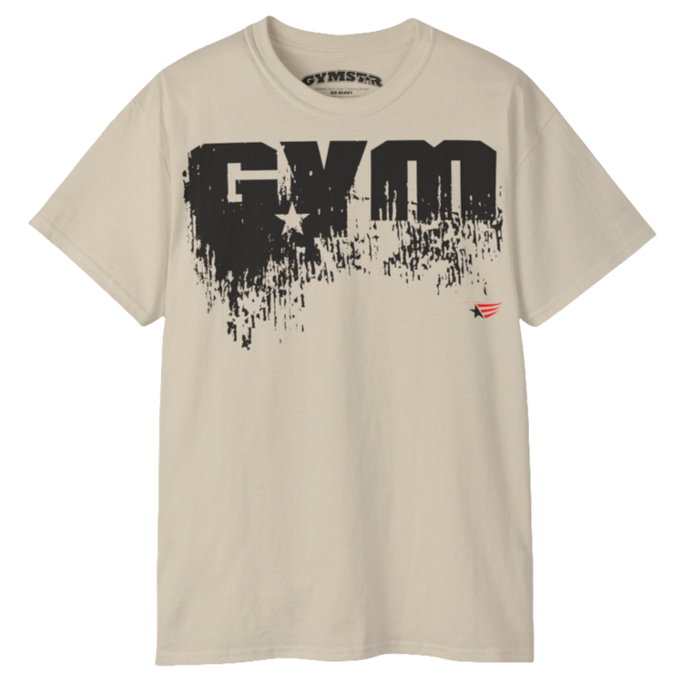 A beige Gymstar workout t-shirt with a deep navy blue graphic that reads 'GYM SMALL STAR',   and logo, presumably bodybulding or fitness.   Front  view.