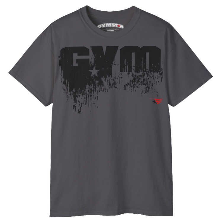 A sport grey Gymstar workout t-shirt with a deep navy blue graphic that reads 'GYM SMALL STAR',   and logo, presumably bodybulding or fitness.   Front view.
