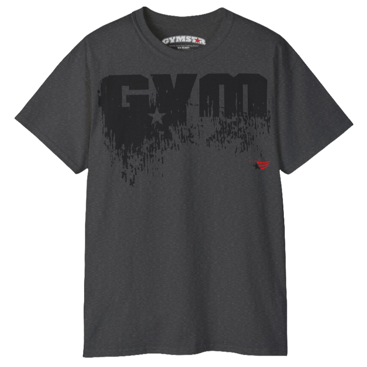 A grey  Gymstar workout t-shirt with a deep navy blue graphic that reads 'GYM SMALL STAR',   and logo, presumably bodybulding or fitness.  Front view.