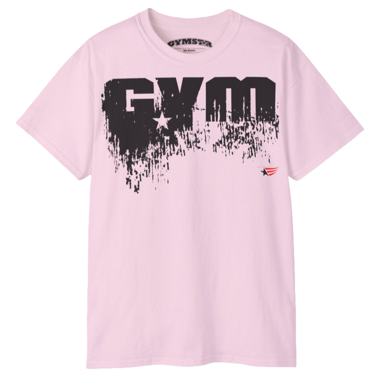 A pink Gymstar workout t-shirt with a deep navy blue graphic that reads 'GYM SMALL STAR',   and logo, presumably bodybulding or fitness. Front view.