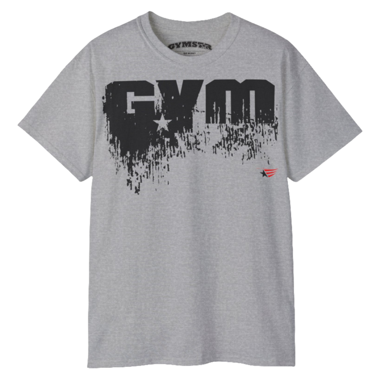 A silver grey Gymstar workout t-shirt with a deep navy blue graphic that reads 'GYM SMALL STAR',   and logo, presumably bodybulding or fitness.   Front  view.