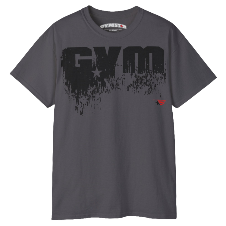 A sport grey Gymstar workout t-shirt with a deep navy blue graphic that reads 'GYM SMALL STAR',   and logo, presumably bodybulding or fitness.  Front  view.