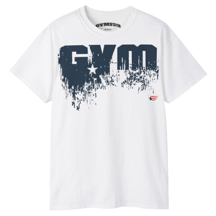 A white Gymstar workout t-shirt with a deep navy blue graphic that reads 'GYM SMALL STAR',   and logo, presumably bodybulding or fitness.  Rear Logo Close up view.