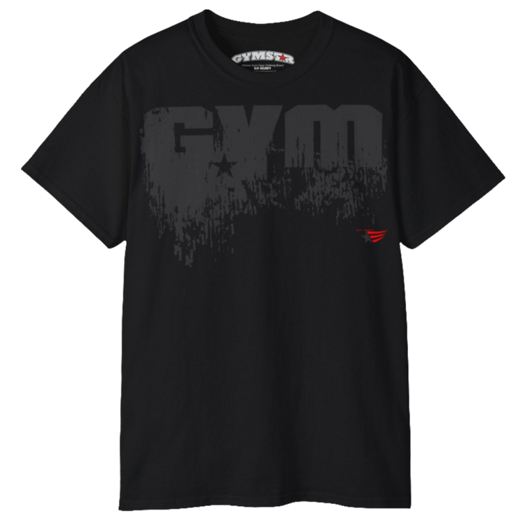 A black Gymstar workout t-shirt with a deep navy blue graphic that reads 'GYM SMALL STAR',   and logo, presumably bodybulding or fitness.   Front view.
