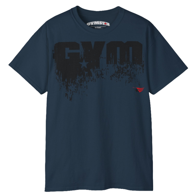 A deep navy Gymstar workout t-shirt with a deep navy blue graphic that reads 'GYM SMALL STAR',   and logo, presumably bodybulding or fitness.   Front view.