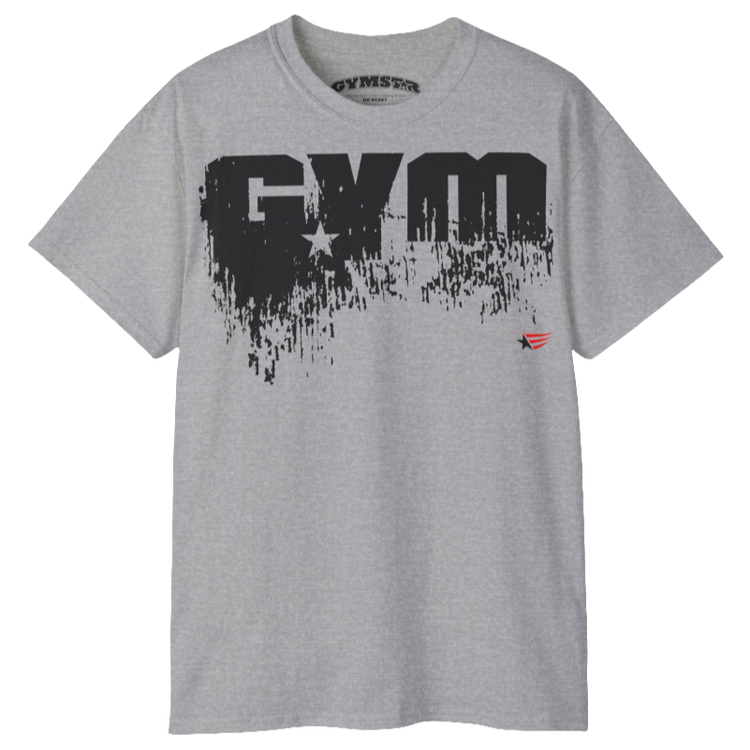 A white Gymstar workout t-shirt with a deep navy blue graphic that reads 'GYM SMALL STAR',   and logo, presumably bodybulding or fitness.  Rear Logo Front Close up view.