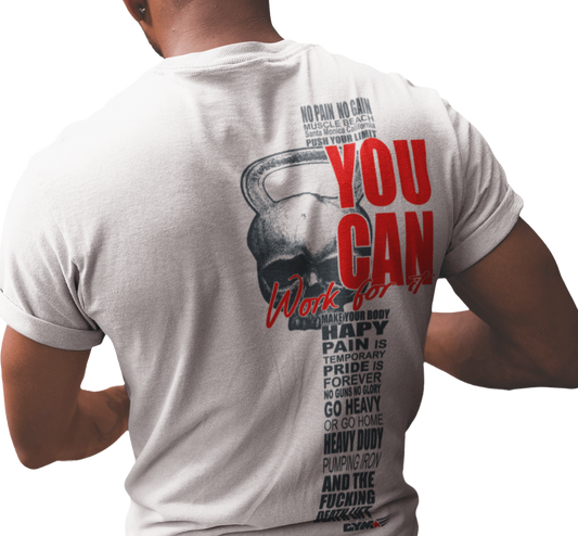 The image shows the back of a person wearing a gray sports t-shirt Gymstar with the text 'YOU CAN' and a graphic of a Skull Kettlebell.