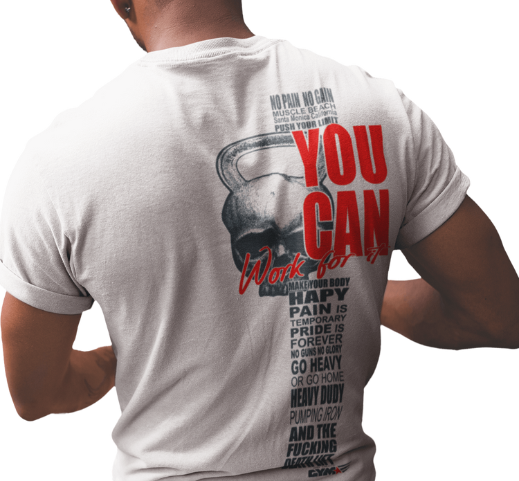 The image shows the back of a person wearing a gray sports t-shirt Gymstar with the text 'YOU CAN' and a graphic of a Skull Kettlebell.