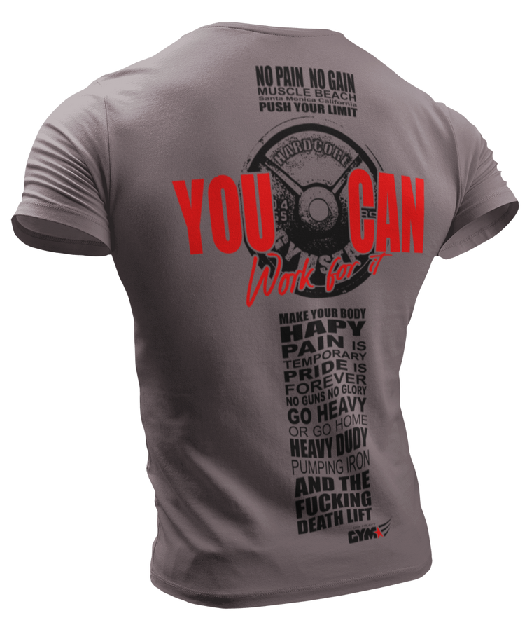 The image shows the back of a beige sports t-shirt Gymstar with the text 'YOU CAN' and a graphic of a Skull Kettlebell and logo.