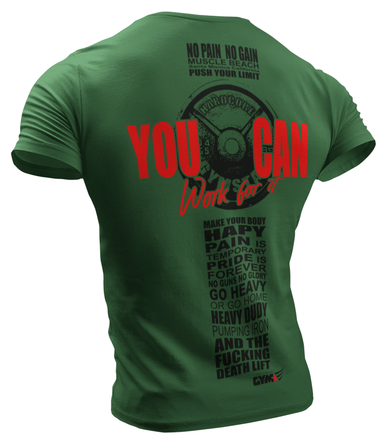 The image shows the back of a green sports t-shirt Gymstar with the text 'YOU CAN' and a graphic of a Skull Kettlebell and logo.