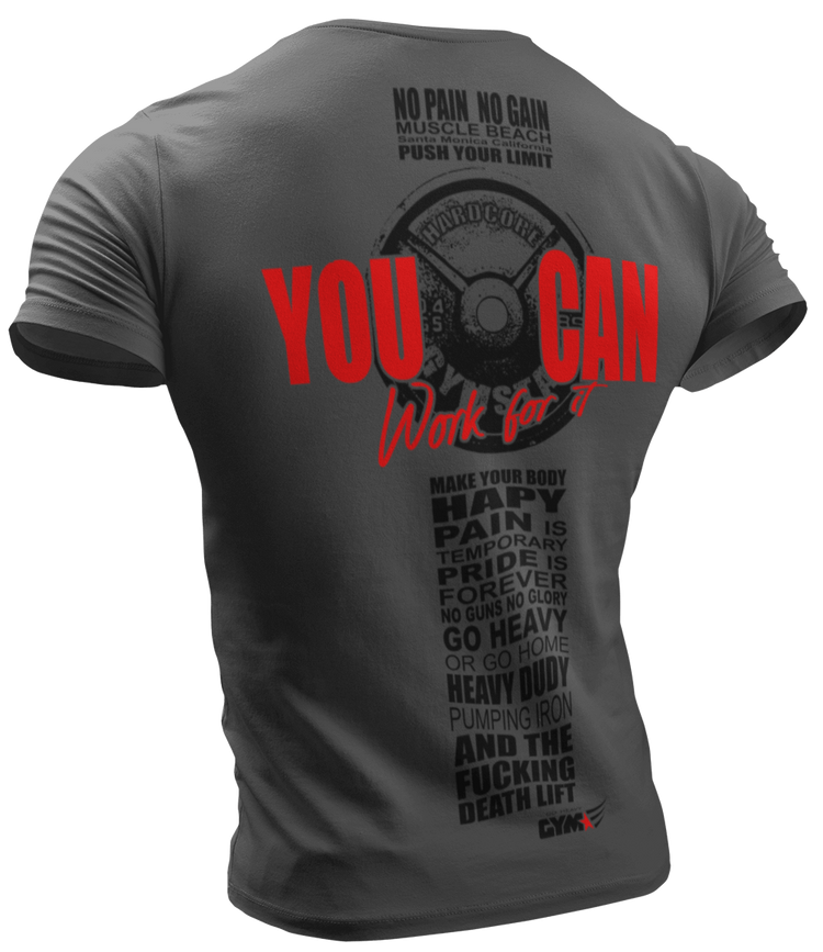 The image shows the back of a grey sports t-shirt Gymstar with the text 'YOU CAN' and a graphic of a Skull Kettlebell and logo.