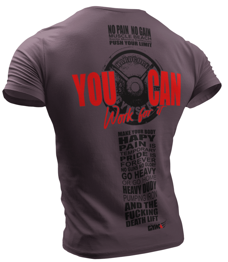 The image shows the back of a rose sports t-shirt Gymstar with the text 'YOU CAN' and a graphic of a Skull Kettlebell and logo.