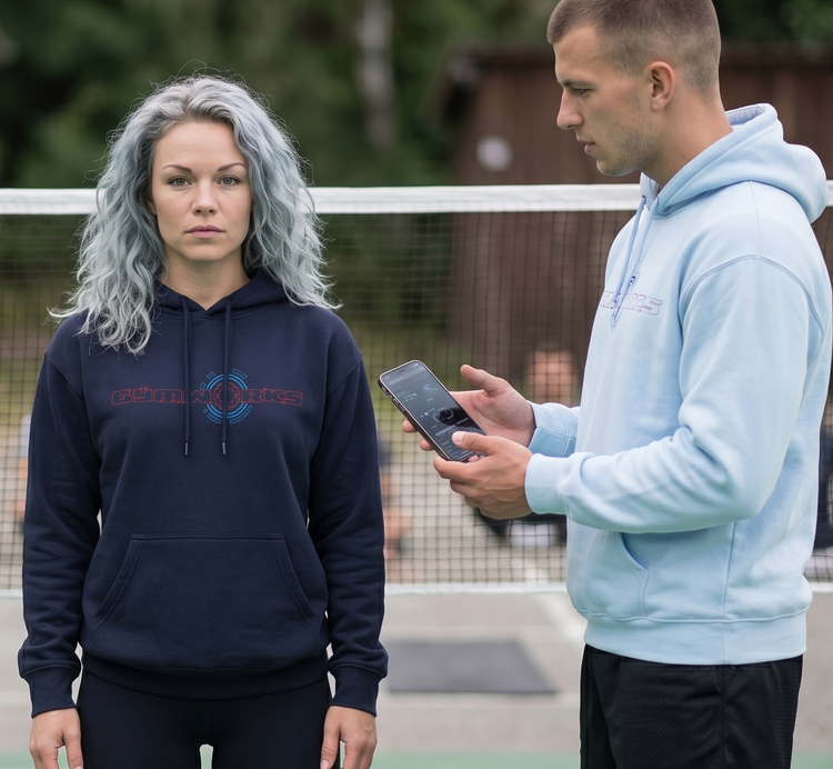 Two people on a badminton court with Gymworks hoodie one holding a phone.