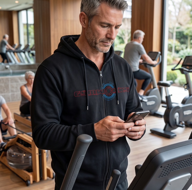 Man wearing black fitness hoodie using a smartphone in a gym setting