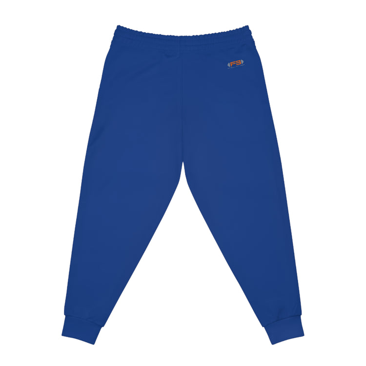 Blau Fitbull-Jogginghosen mit dem Logo der Marke. Rückansicht.
