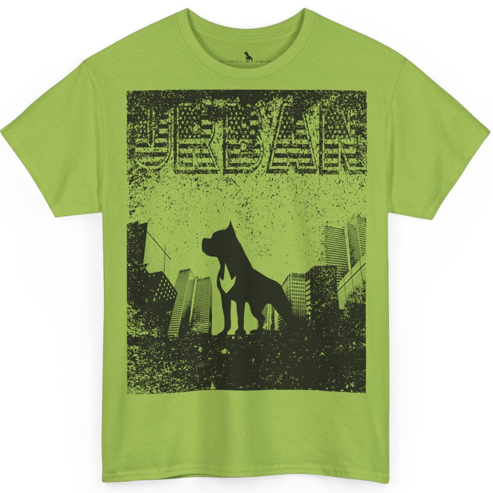 Fitbull fitness t-shirt with a graphic of a dog and urban cityscape kiwi green.
