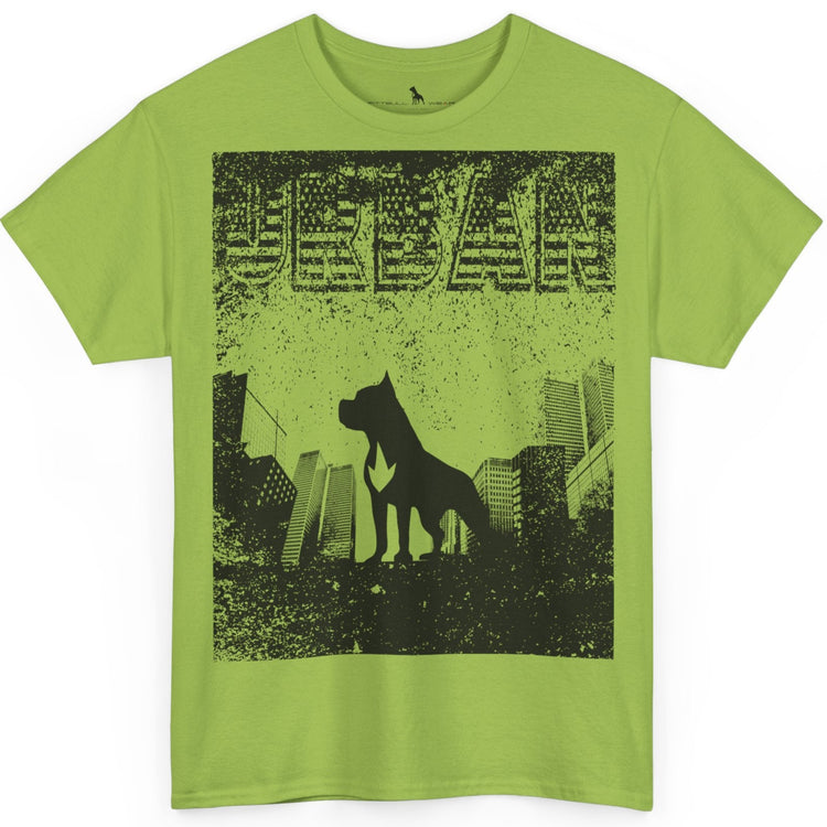 Fitbull fitness t-shirt with a graphic of a dog and urban cityscape kiwi green.