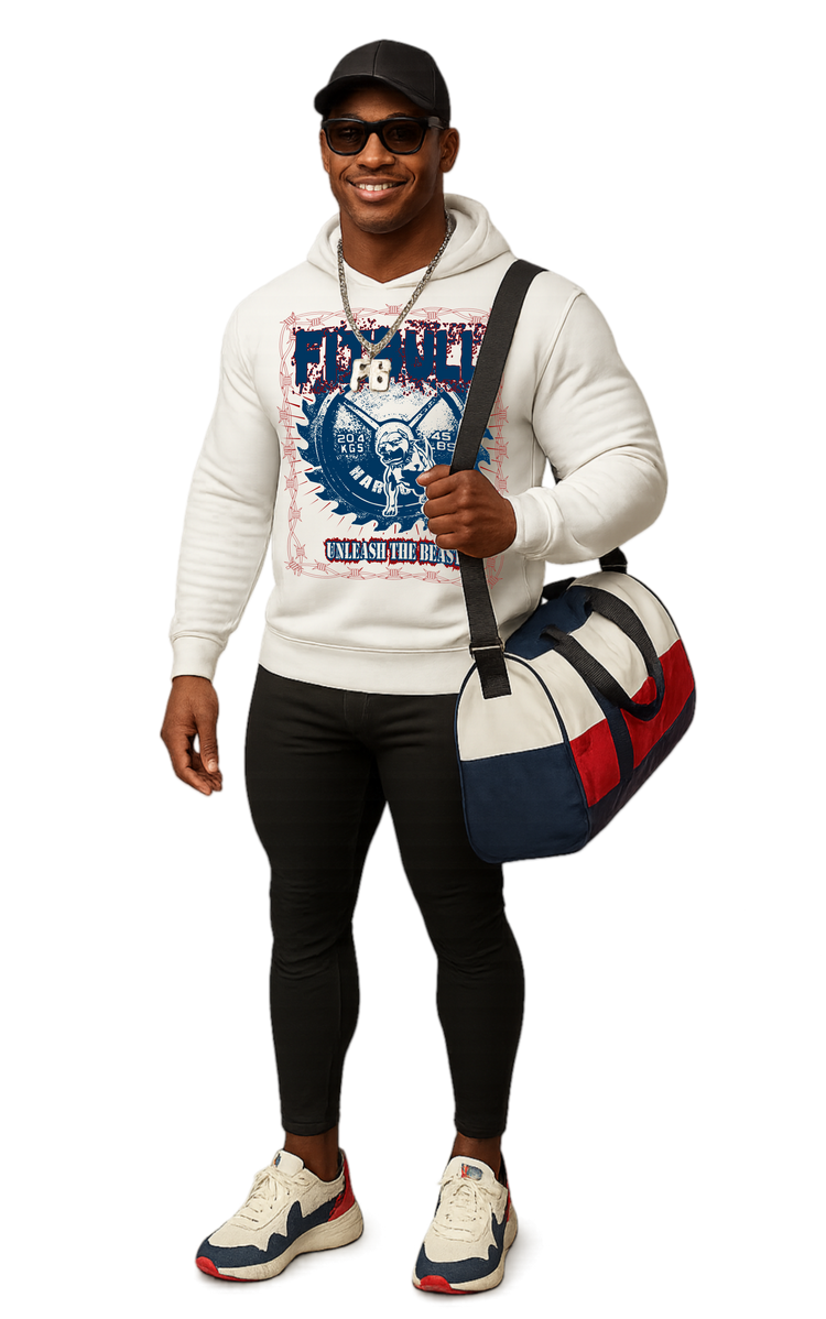 A young man wearing a white Fitbull sweatshirt with a Unleash the Beast 
 graphic design on a white background