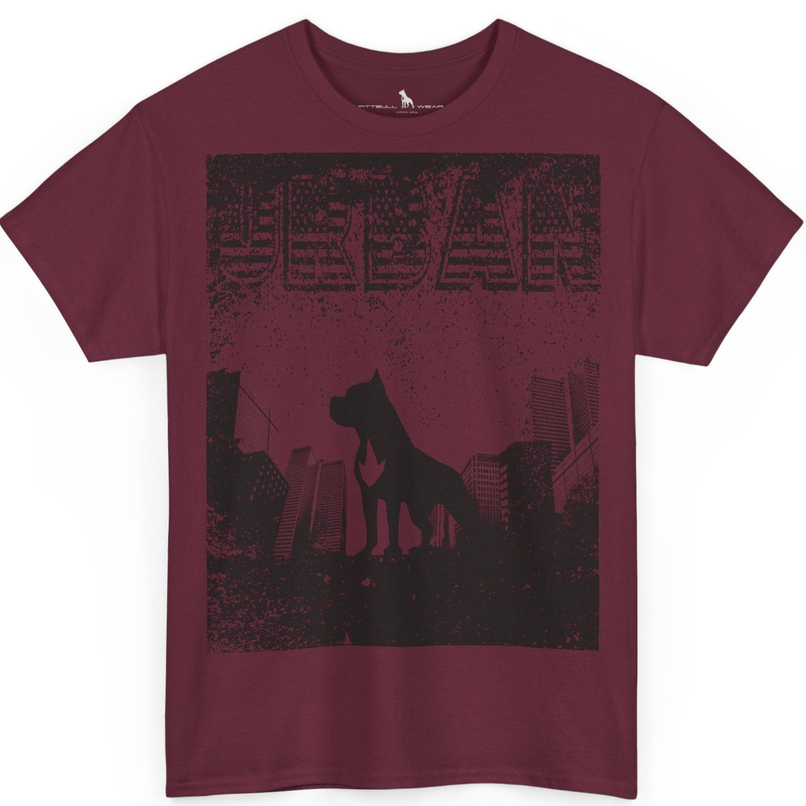 Fitbull fitness t-shirt with a graphic of a dog and urban cityscape maroon.