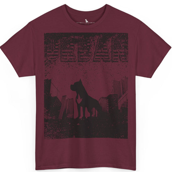 Fitbull fitness t-shirt with a graphic of a dog and urban cityscape maroon.