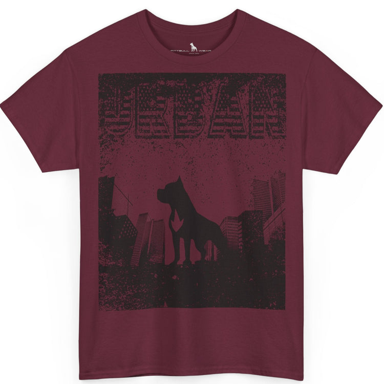 Fitbull fitness t-shirt with a graphic of a dog and urban cityscape maroon.