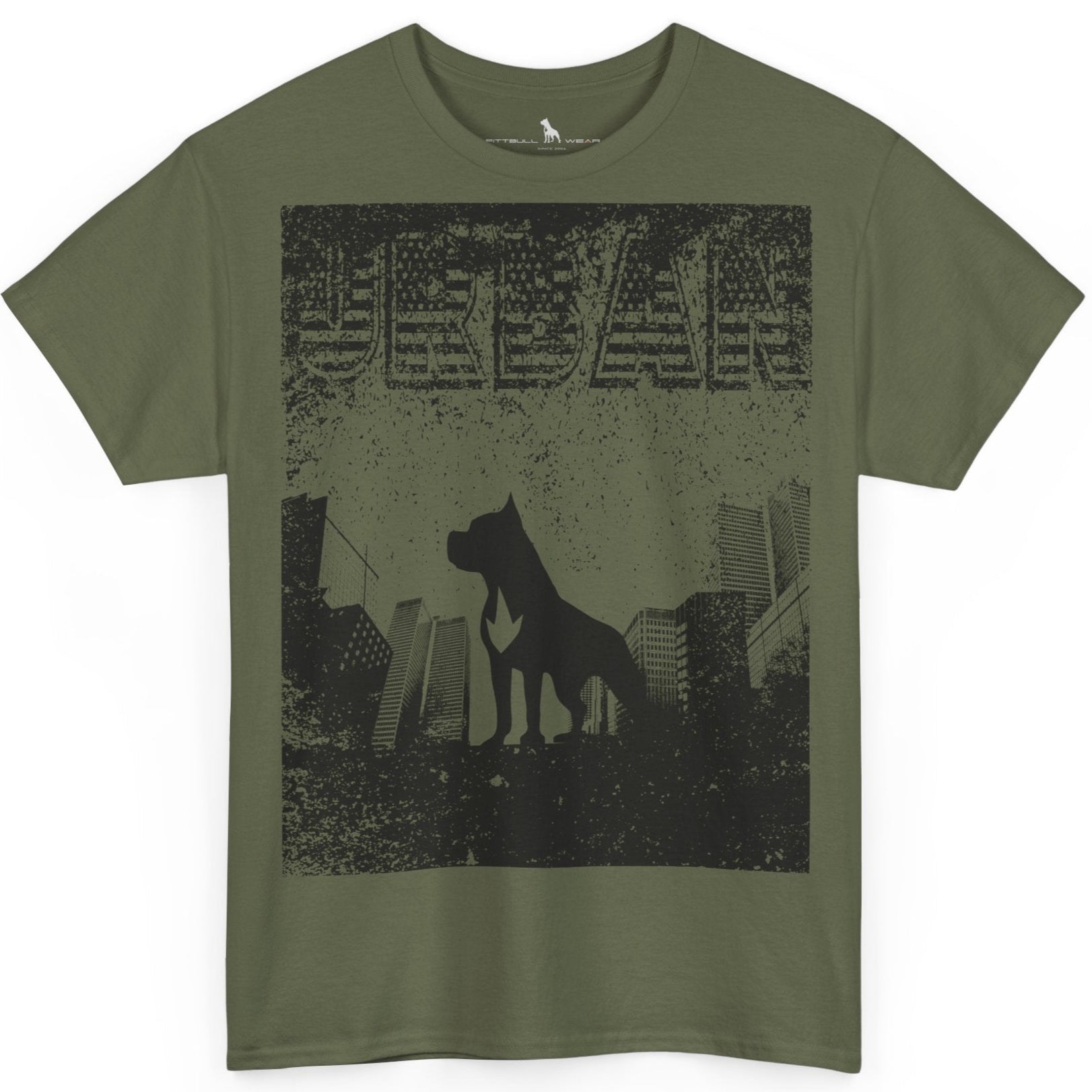 Fitbull fitness t-shirt with a graphic of a dog and urban cityscape military green.