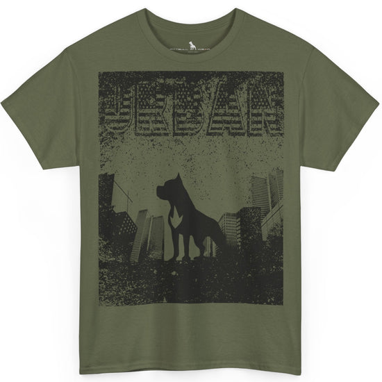 Fitbull fitness t-shirt with a graphic of a dog and urban cityscape military green.