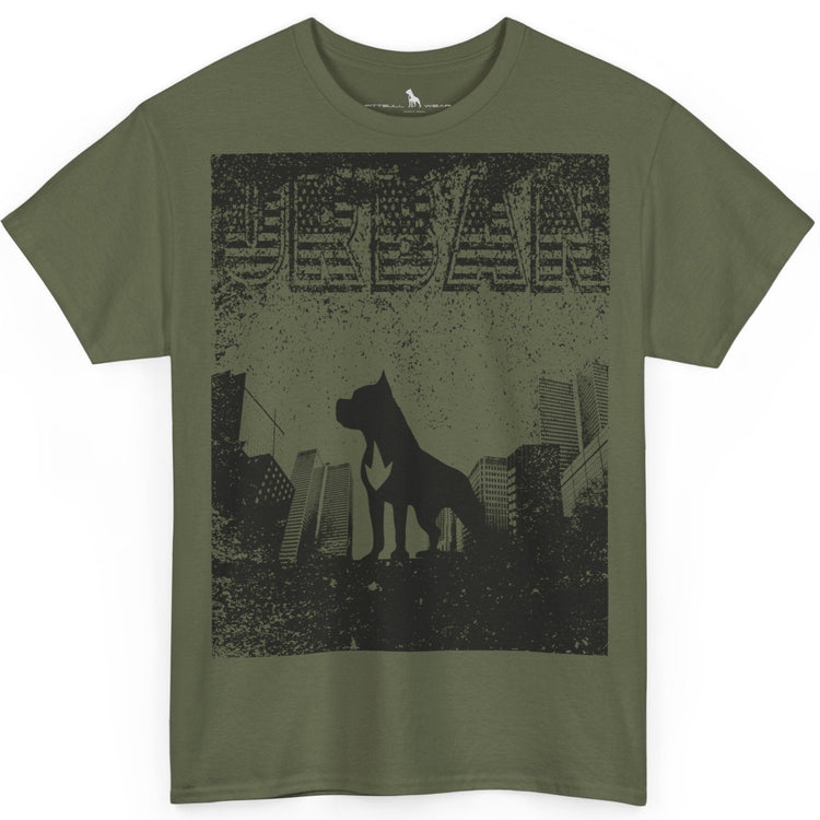 Fitbull fitness t-shirt with a graphic of a dog and urban cityscape military green.