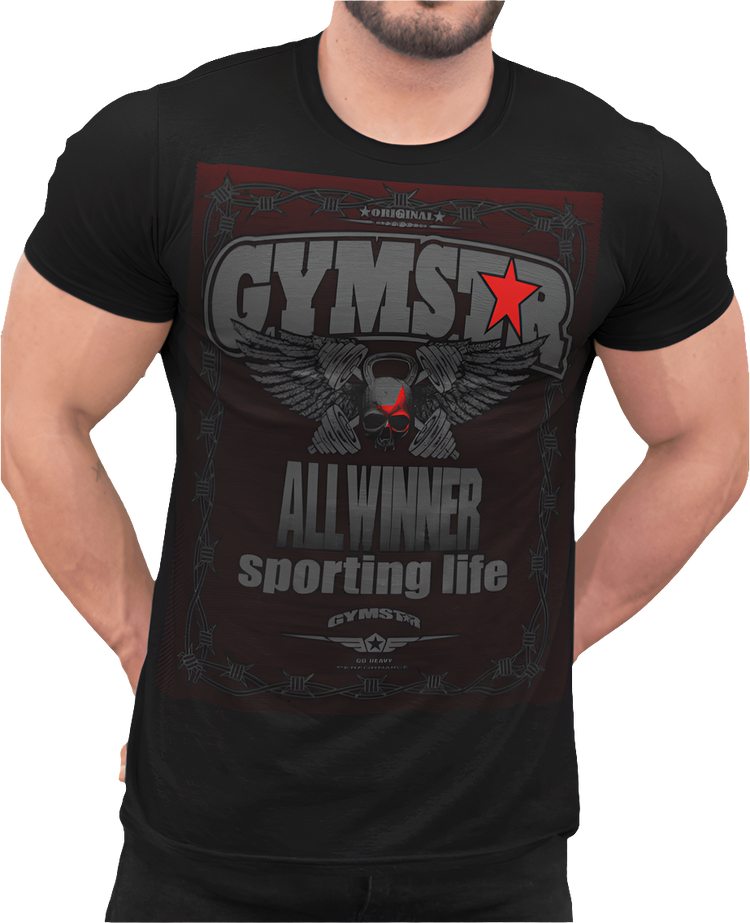 A male model wearing a black Gymstar t-shirt with text and graphic design related to bodybuilding.