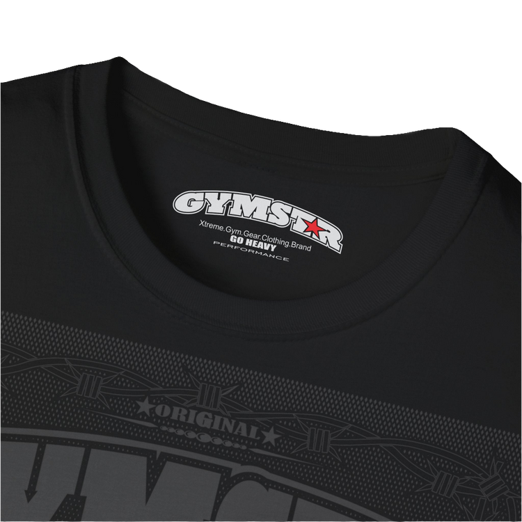 A blackGymstar t-shirt with a graphic print Allwinner in the center, designed for fitness and sports. Front logo close up view.