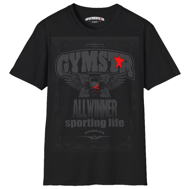 A black Gymstar t-shirt with a graphic print Allwinner in the center, designed for fitness and sports. Front  view.