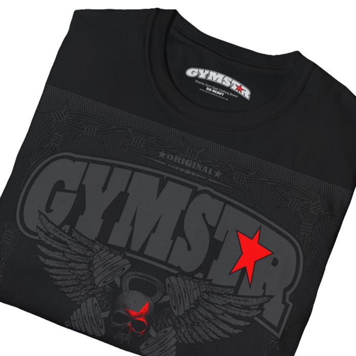 A blackGymstar t-shirt with a graphic print Allwinner in the center, designed for fitness and sports. Front  close up view.