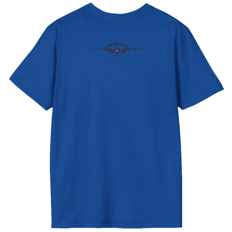 A blue Gymstar t-shirt with a graphic print Allwinner in the center, designed for fitness and sports. Rare logo close up view.