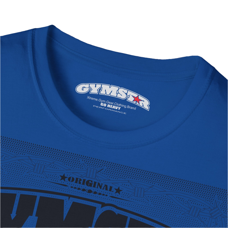 A blue Gymstar t-shirt with a graphic print Allwinner in the center, designed for fitness and sports. Front logo close up view.