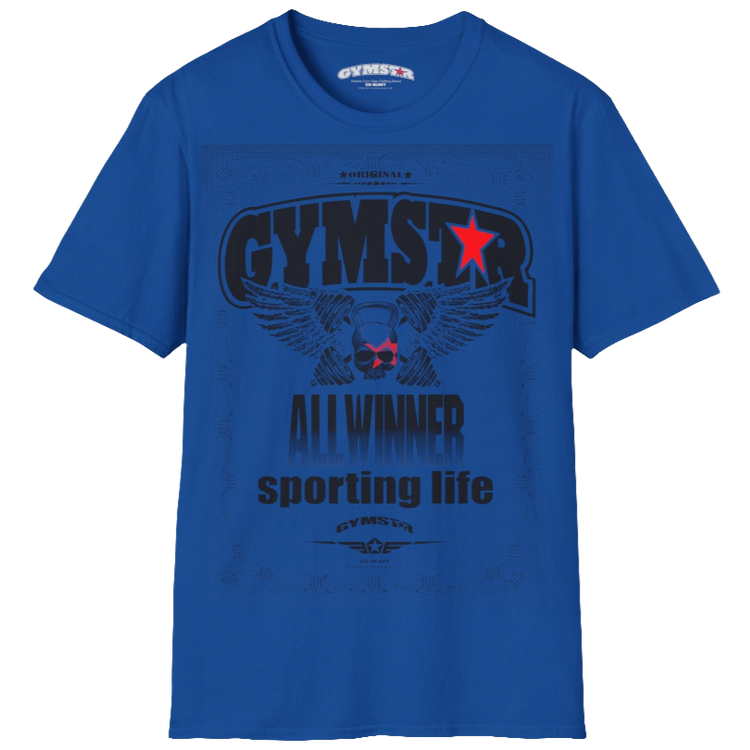 A blue Gymstar t-shirt with a graphic print Allwinner in the center, designed for fitness and sports. Front vie.