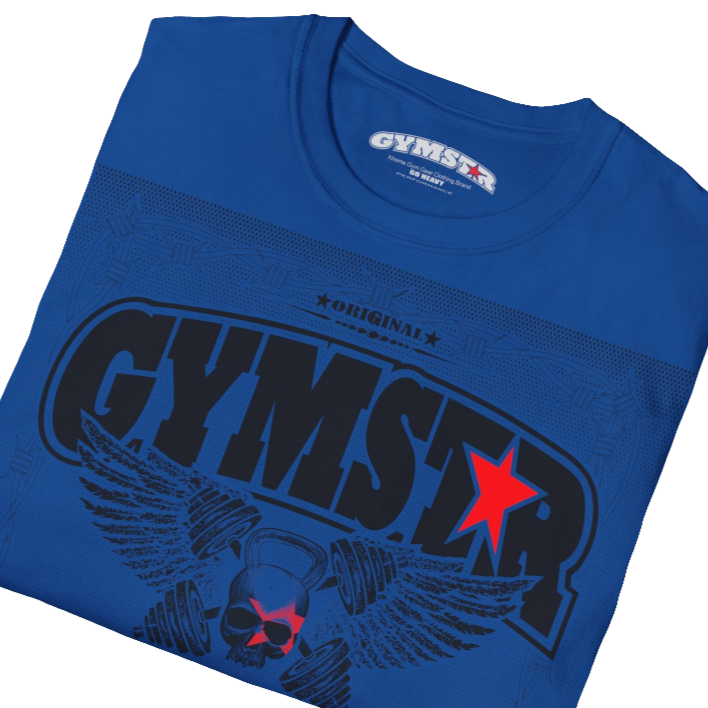A blue Gymstar t-shirt with a graphic print Allwinner in the center, designed for fitness and sports. Front  close up view.