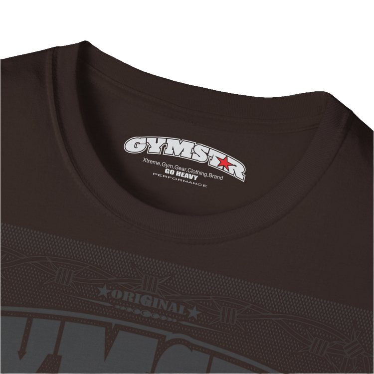 A brown Gymstar t-shirt with a graphic print Allwinner in the center, designed for fitness and sports. Front logo close up view.