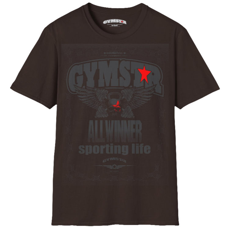 A brown Gymstar t-shirt with a graphic print Allwinner in the center, designed for fitness and sports. Front view.