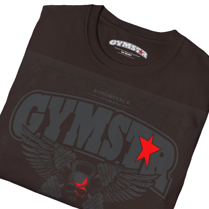 A brown Gymstar t-shirt with a graphic print Allwinner in the center, designed for fitness and sports. Front close up view.